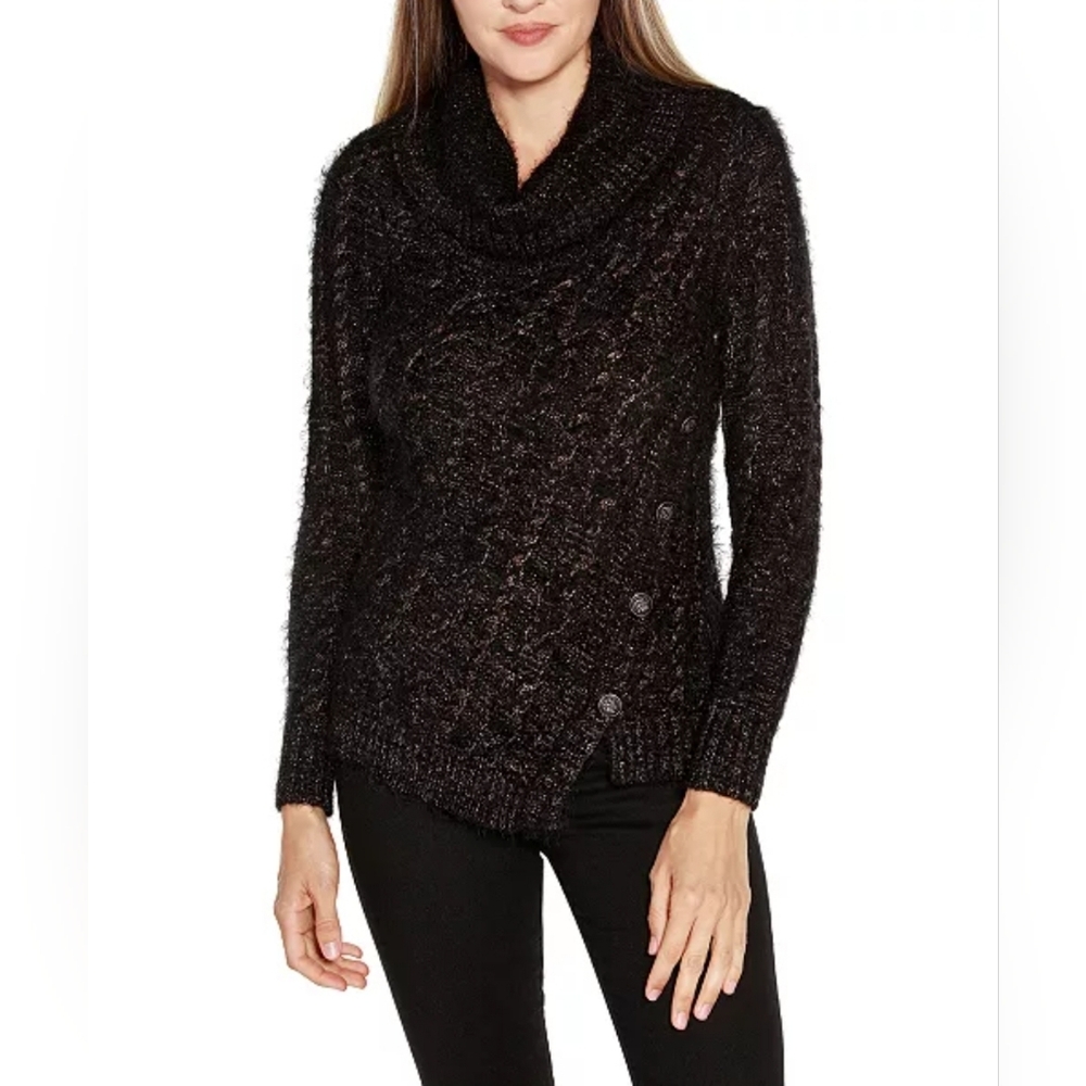 🆕️ Belldini Black Label Women's Lurex Cowl Neck Eyelash Sweater Sz S